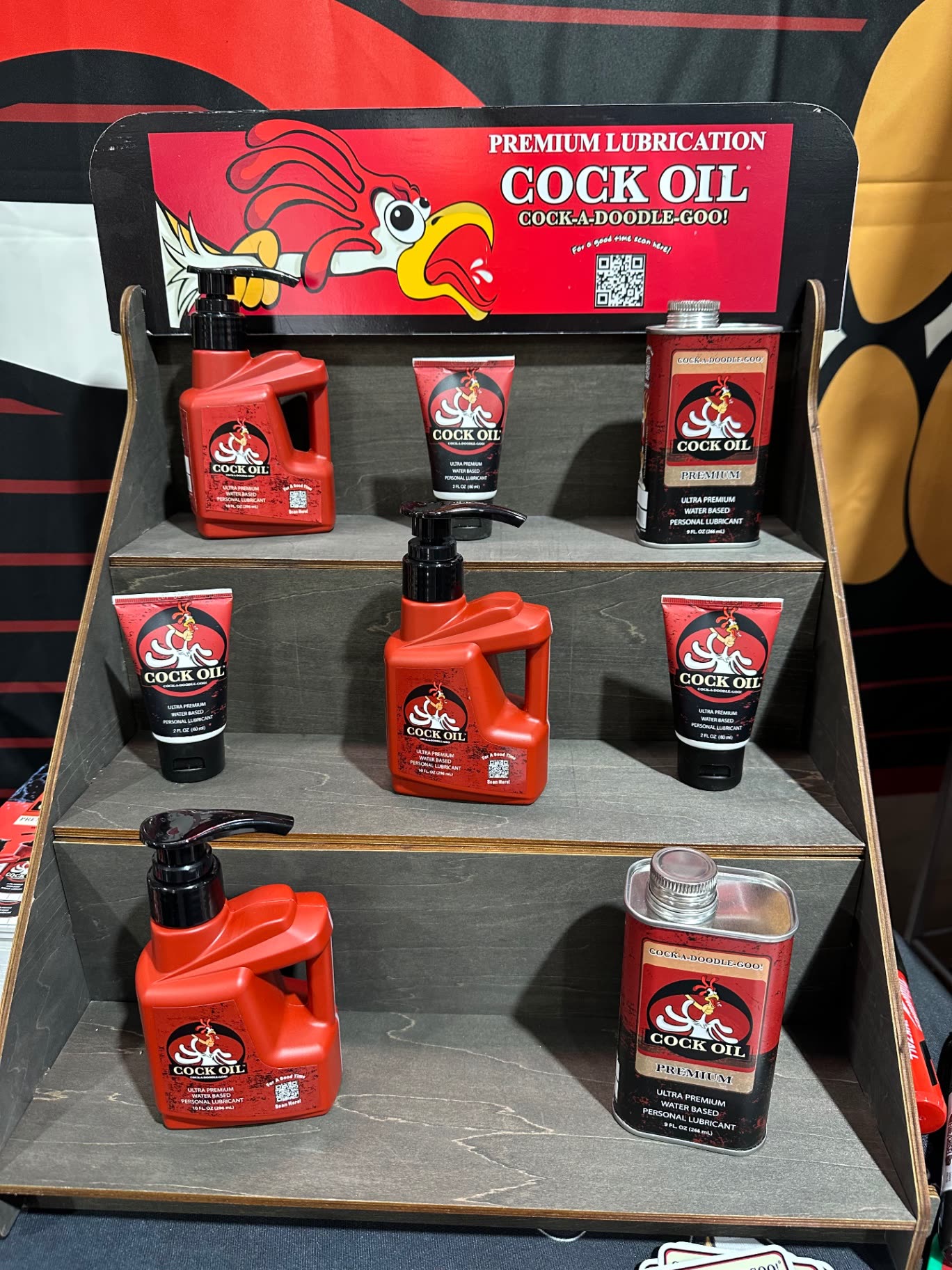 Full Cock Oil product lineup on retail display